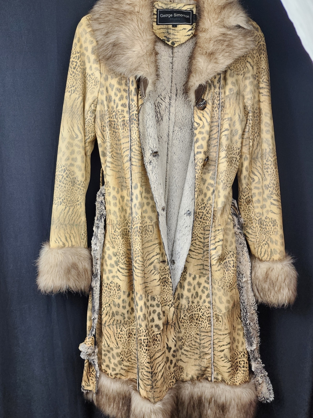 George Simonton Women's Tan Animal-Print Fur Trim Coat Size M